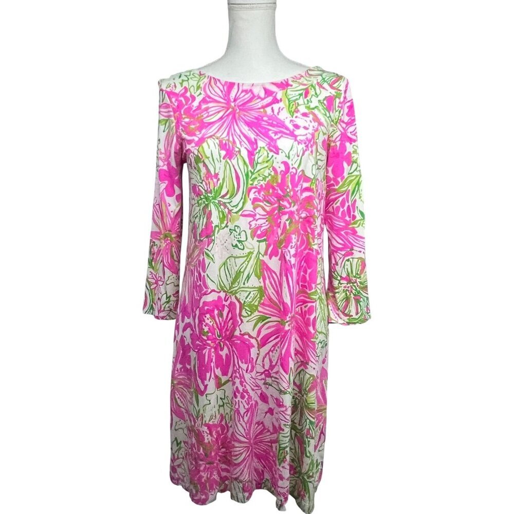 Lilly Pulitzer Womens Floral Hawaiian Tunic A Line Midi Dress Medium 3/4 Sleeves